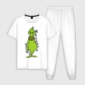 Мужская пижама хлопок с принтом Naughty Grinch в Белгороде, 100% хлопок | брюки и футболка прямого кроя, без карманов, на брюках мягкая резинка на поясе и по низу штанин
 | Тематика изображения на принте: grinch | гринч | новый год | рождество