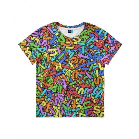 Детская футболка 3D с принтом Радужные буквы s, h, i, t в Белгороде, 100% гипоаллергенный полиэфир | прямой крой, круглый вырез горловины, длина до линии бедер, чуть спущенное плечо, ткань немного тянется | алфавит | буква | паттрен | радуга | слово | узор