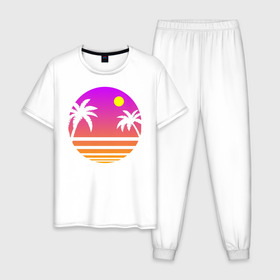 Мужская пижама хлопок с принтом Tequila Sunset в Белгороде, 100% хлопок | брюки и футболка прямого кроя, без карманов, на брюках мягкая резинка на поясе и по низу штанин
 | 80s | retro | retrowave | sunset | synthwave