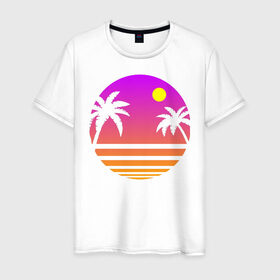 Мужская футболка хлопок с принтом Tequila Sunset в Белгороде, 100% хлопок | прямой крой, круглый вырез горловины, длина до линии бедер, слегка спущенное плечо. | 80s | retro | retrowave | sunset | synthwave