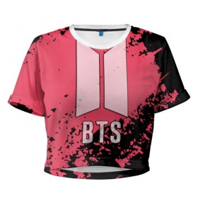 Женская футболка 3D укороченная с принтом BTS в Белгороде, 100% полиэстер | круглая горловина, длина футболки до линии талии, рукава с отворотами | bts | бтс | группа | корейская | музыка | розовый | цветы | черный