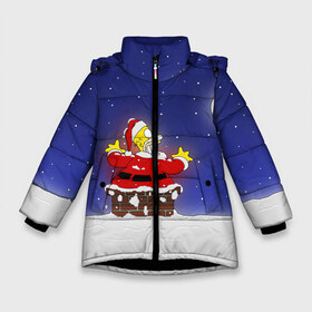 Зимняя куртка для девочек 3D с принтом Гомер Санта Клаус в Белгороде, ткань верха — 100% полиэстер; подклад — 100% полиэстер, утеплитель — 100% полиэстер. | длина ниже бедра, удлиненная спинка, воротник стойка и отстегивающийся капюшон. Есть боковые карманы с листочкой на кнопках, утяжки по низу изделия и внутренний карман на молнии. 

Предусмотрены светоотражающий принт на спинке, радужный светоотражающий элемент на пуллере молнии и на резинке для утяжки. | Тематика изображения на принте: bart | family | homer | lisa | maggie | marge | santa | simpson | simpsons | thesimpsons | барт | герой | гомер | город | лиза | мардж | мегги | санта | семья | симпсоны | супергерой