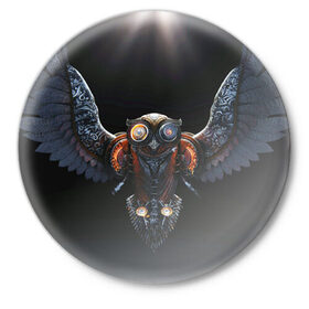 Значок с принтом Steampunk owl в Белгороде,  металл | круглая форма, металлическая застежка в виде булавки | light | owl | steampunk | wings | крылья | перья | свет | сова | стимпанк