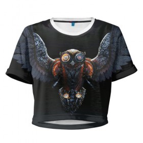 Женская футболка 3D укороченная с принтом Steampunk owl в Белгороде, 100% полиэстер | круглая горловина, длина футболки до линии талии, рукава с отворотами | light | owl | steampunk | wings | крылья | перья | свет | сова | стимпанк
