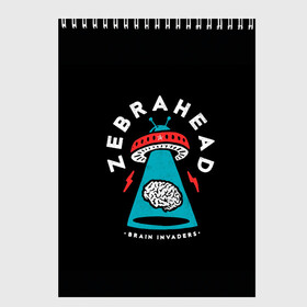 Скетчбук с принтом Zebrahead - Brain Invaders в Белгороде, 100% бумага
 | 48 листов, плотность листов — 100 г/м2, плотность картонной обложки — 250 г/м2. Листы скреплены сверху удобной пружинной спиралью | Тематика изображения на принте: album | brain | core | invaders | mind | rapcore | rock | ufo | zebrahead | альбом | зебрахед | мозг