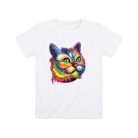 Детская футболка хлопок с принтом Радужный кот в Белгороде, 100% хлопок | круглый вырез горловины, полуприлегающий силуэт, длина до линии бедер | cat | cats | colourfully | rainbow | веселый кот | кот | котик | коша | радуга | радужная кошка | разноцветная