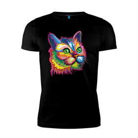 Мужская футболка хлопок Slim с принтом Радужный кот в Белгороде, 92% хлопок, 8% лайкра | приталенный силуэт, круглый вырез ворота, длина до линии бедра, короткий рукав | cat | cats | colourfully | rainbow | веселый кот | кот | котик | коша | радуга | радужная кошка | разноцветная
