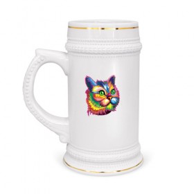 Кружка пивная с принтом Радужный кот в Белгороде,  керамика (Материал выдерживает высокую температуру, стоит избегать резкого перепада температур) |  объем 630 мл | cat | cats | colourfully | rainbow | веселый кот | кот | котик | коша | радуга | радужная кошка | разноцветная