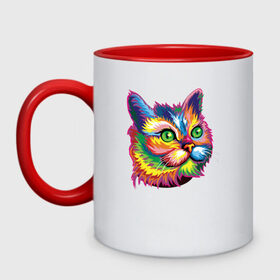 Кружка двухцветная с принтом Радужный кот в Белгороде, керамика | объем — 330 мл, диаметр — 80 мм. Цветная ручка и кайма сверху, в некоторых цветах — вся внутренняя часть | cat | cats | colourfully | rainbow | веселый кот | кот | котик | коша | радуга | радужная кошка | разноцветная