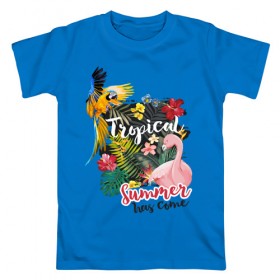 Мужская футболка хлопок с принтом Тропики в Белгороде, 100% хлопок | прямой крой, круглый вырез горловины, длина до линии бедер, слегка спущенное плечо. | попугай | растения | тропики | фламинго