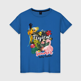 Женская футболка хлопок с принтом Тропики в Белгороде, 100% хлопок | прямой крой, круглый вырез горловины, длина до линии бедер, слегка спущенное плечо | попугай | растения | тропики | фламинго