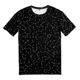 Мужская футболка 3D с принтом Созвездия знаков зодиака в Белгороде, 100% полиэфир | прямой крой, круглый вырез горловины, длина до линии бедер | астролог | астрология | все | гороскоп | звезда | звезды | зодиак | космос | небо | паттерн | созвездие | черный