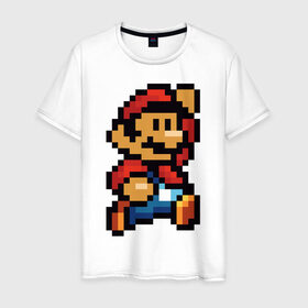 Мужская футболка хлопок с принтом Супер Марио в Белгороде, 100% хлопок | прямой крой, круглый вырез горловины, длина до линии бедер, слегка спущенное плечо. | 8 бит | 8bit | 8бит | bit | dendy | game | mario | pixel | super mario | денди | марио | пиксель | супер марио