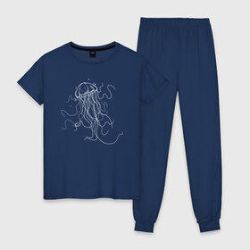 Женская пижама хлопок с принтом Белая медуза векторный рисунок в Белгороде, 100% хлопок | брюки и футболка прямого кроя, без карманов, на брюках мягкая резинка на поясе и по низу штанин | art | medusa | vector | абстракция | вектор | медуза | щупальца