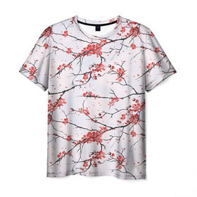 Мужская футболка 3D с принтом Сакура в Белгороде, 100% полиэфир | прямой крой, круглый вырез горловины, длина до линии бедер | весна | ветвь | ветка | вишня | куст | кусты | лепестки | сакуры | цветёт | цветы | черешня