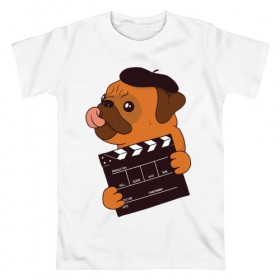 Мужская футболка хлопок с принтом Режиссёр Мопс в Белгороде, 100% хлопок | прямой крой, круглый вырез горловины, длина до линии бедер, слегка спущенное плечо. | дубль | кино | мопс | режиссер | собака | собаки | фильмы