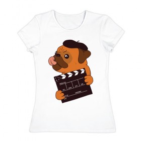 Женская футболка хлопок с принтом Режиссёр Мопс в Белгороде, 100% хлопок | прямой крой, круглый вырез горловины, длина до линии бедер, слегка спущенное плечо | дубль | кино | мопс | режиссер | собака | собаки | фильмы