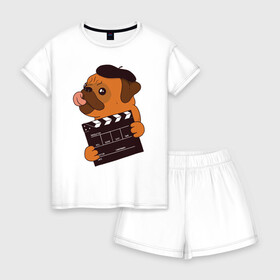 Женская пижама с шортиками хлопок с принтом Режиссёр Мопс в Белгороде, 100% хлопок | футболка прямого кроя, шорты свободные с широкой мягкой резинкой | дубль | кино | мопс | режиссер | собака | собаки | фильмы