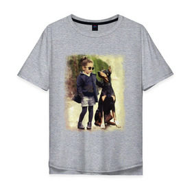 Мужская футболка хлопок Oversize с принтом Девочка и доберман в Белгороде, 100% хлопок | свободный крой, круглый ворот, “спинка” длиннее передней части | девочка | доберман | дружба | животные | собака