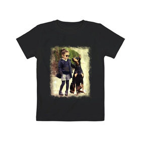 Детская футболка хлопок с принтом Девочка и доберман в Белгороде, 100% хлопок | круглый вырез горловины, полуприлегающий силуэт, длина до линии бедер | Тематика изображения на принте: девочка | доберман | дружба | животные | собака