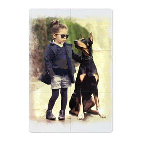Магнитный плакат 2Х3 с принтом Девочка и доберман в Белгороде, Полимерный материал с магнитным слоем | 6 деталей размером 9*9 см | Тематика изображения на принте: девочка | доберман | дружба | животные | собака