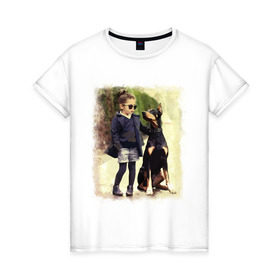 Женская футболка хлопок с принтом Девочка и доберман в Белгороде, 100% хлопок | прямой крой, круглый вырез горловины, длина до линии бедер, слегка спущенное плечо | девочка | доберман | дружба | животные | собака