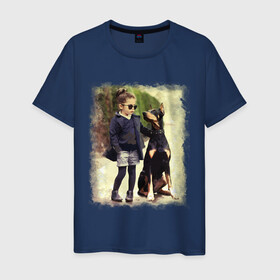 Мужская футболка хлопок с принтом Девочка и доберман в Белгороде, 100% хлопок | прямой крой, круглый вырез горловины, длина до линии бедер, слегка спущенное плечо. | девочка | доберман | дружба | животные | собака
