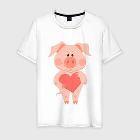 Мужская футболка хлопок с принтом Love Pig в Белгороде, 100% хлопок | прямой крой, круглый вырез горловины, длина до линии бедер, слегка спущенное плечо. | Тематика изображения на принте: 2019 | дед мороз | дом | елка | желание | животные | зима | кабан | милый | мороз | настроение | новый год | пеппа | подарок | позитив | поросенок | праздник | радость | рождество | санта клаус | свинка