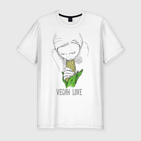 Мужская футболка хлопок Slim с принтом Vegan Love в Белгороде, 92% хлопок, 8% лайкра | приталенный силуэт, круглый вырез ворота, длина до линии бедра, короткий рукав | Тематика изображения на принте: веганство | вегетарианство | здоровье | зелень | кукуруза | любовь | овощ | овощи | растение
