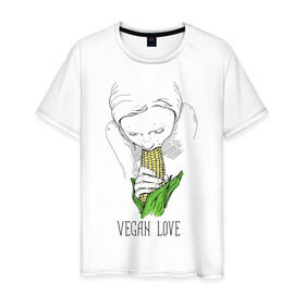 Мужская футболка хлопок с принтом Vegan Love в Белгороде, 100% хлопок | прямой крой, круглый вырез горловины, длина до линии бедер, слегка спущенное плечо. | Тематика изображения на принте: веганство | вегетарианство | здоровье | зелень | кукуруза | любовь | овощ | овощи | растение