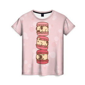 Женская футболка 3D с принтом Мопс Макарун в Белгороде, 100% полиэфир ( синтетическое хлопкоподобное полотно) | прямой крой, круглый вырез горловины, длина до линии бедер | pug | десерт | мопс | пирожное | сладость