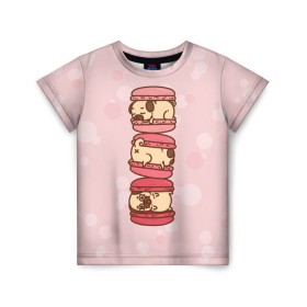 Детская футболка 3D с принтом Мопс Макарун в Белгороде, 100% гипоаллергенный полиэфир | прямой крой, круглый вырез горловины, длина до линии бедер, чуть спущенное плечо, ткань немного тянется | Тематика изображения на принте: pug | десерт | мопс | пирожное | сладость