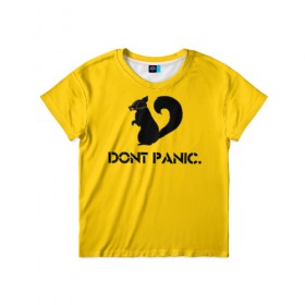 Детская футболка 3D с принтом Dont Panic. в Белгороде, 100% гипоаллергенный полиэфир | прямой крой, круглый вырез горловины, длина до линии бедер, чуть спущенное плечо, ткань немного тянется | Тематика изображения на принте: dont panic | белка | енот | скунс
