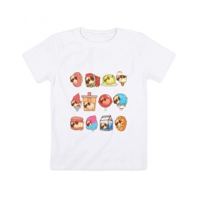 Детская футболка хлопок с принтом Мопсы в Белгороде, 100% хлопок | круглый вырез горловины, полуприлегающий силуэт, длина до линии бедер | cockie | fastfood | junkfood | pug | еда | мороженое | печенье | печеньки | пироженое | собака | фастфуд