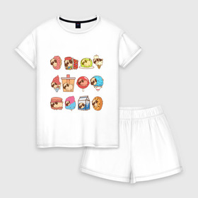 Женская пижама с шортиками хлопок с принтом Мопсы в Белгороде, 100% хлопок | футболка прямого кроя, шорты свободные с широкой мягкой резинкой | cockie | fastfood | junkfood | pug | еда | мороженое | печенье | печеньки | пироженое | собака | фастфуд