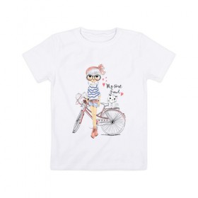 Детская футболка хлопок с принтом Девушка с котиком в Белгороде, 100% хлопок | круглый вырез горловины, полуприлегающий силуэт, длина до линии бедер | Тематика изображения на принте: велосипед | девочка | девушкам | кошки | красивая 