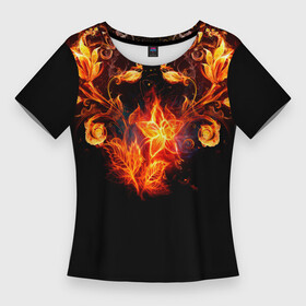 Женская футболка 3D Slim с принтом Огненные цветы в темноте в Белгороде,  |  | abstraction | fire | flower | sparks | абстракция | броня | в огне | геометрия | золотой | искры | модная | ночь | огонь | пламя | прикольная | стильная | тату | темнота | цветок | цветы | черная