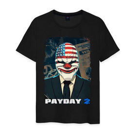 Мужская футболка хлопок с принтом Payday 2 в Белгороде, 100% хлопок | прямой крой, круглый вырез горловины, длина до линии бедер, слегка спущенное плечо. | Тематика изображения на принте: chains day | game | gun | mask | payday | payday 2 | payday2 | грабители | зло | игра | клоун | маска | ограбление | оружие | пистолет