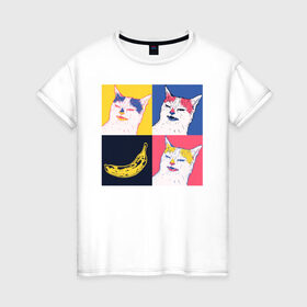 Женская футболка хлопок с принтом BanaNO в Белгороде, 100% хлопок | прямой крой, круглый вырез горловины, длина до линии бедер, слегка спущенное плечо | cat | абстракция | банан | бананы | кот | котики | прикол | прикольная | хлопок