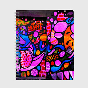 Тетрадь с принтом Неоновое граффити в Белгороде, 100% бумага | 48 листов, плотность листов — 60 г/м2, плотность картонной обложки — 250 г/м2. Листы скреплены сбоку удобной пружинной спиралью. Уголки страниц и обложки скругленные. Цвет линий — светло-серый
 | Тематика изображения на принте: grafity | paint | street art | urban | город | граффити | искусство | кирпичи | краски | рисунки | стена | улицы | уличное искусство