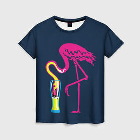Женская футболка 3D с принтом Кислотный фламинго в Белгороде, 100% полиэфир ( синтетическое хлопкоподобное полотно) | прямой крой, круглый вырез горловины, длина до линии бедер | Тематика изображения на принте: кислотные костюмы | кислотные цвета | неон | флуоресцентные принты