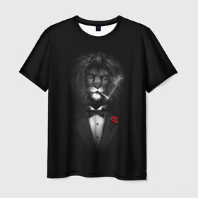 Мужская футболка 3D с принтом Лев в Белгороде, 100% полиэфир | прямой крой, круглый вырез горловины, длина до линии бедер | Тематика изображения на принте: арт | бабочка | грива | дым | животное | костюм | лев | минимализм | роза | смокинг | хищник | царь зверей