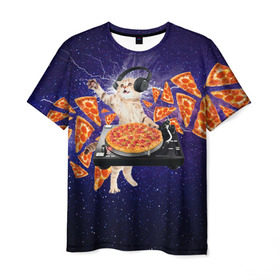 Мужская футболка 3D с принтом Пицца - Кот в Белгороде, 100% полиэфир | прямой крой, круглый вырез горловины, длина до линии бедер | cat | galaxy | lightning | pizza | грозовой кошак | диджей | космос | кот | котики | котэ | кошак | метеориты | молния | пицца | прикол | приколы с котами | прикольная