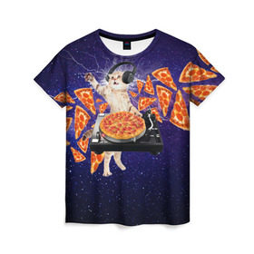 Женская футболка 3D с принтом Пицца - Кот в Белгороде, 100% полиэфир ( синтетическое хлопкоподобное полотно) | прямой крой, круглый вырез горловины, длина до линии бедер | cat | galaxy | lightning | pizza | грозовой кошак | диджей | космос | кот | котики | котэ | кошак | метеориты | молния | пицца | прикол | приколы с котами | прикольная
