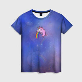 Женская футболка 3D с принтом Единорог, блюющий радугой в Белгороде, 100% полиэфир ( синтетическое хлопкоподобное полотно) | прямой крой, круглый вырез горловины, длина до линии бедер | bird born | блевать | единорог | иллюстратор | кот степан | коты | милота | радуга | тошнит