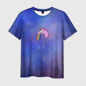 Мужская футболка 3D с принтом Единорог, блюющий радугой в Белгороде, 100% полиэфир | прямой крой, круглый вырез горловины, длина до линии бедер | bird born | блевать | единорог | иллюстратор | кот степан | коты | милота | радуга | тошнит