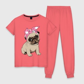 Женская пижама хлопок с принтом Собачка в Белгороде, 100% хлопок | брюки и футболка прямого кроя, без карманов, на брюках мягкая резинка на поясе и по низу штанин | dog | pug | мопс | собака