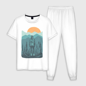 Мужская пижама хлопок с принтом Adventure в Белгороде, 100% хлопок | брюки и футболка прямого кроя, без карманов, на брюках мягкая резинка на поясе и по низу штанин
 | moutains | sun | turism | горы | закат | приключения | природа | тундра | туризм