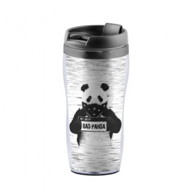 Термокружка-непроливайка с принтом BAD PANDA в Белгороде, внутренняя часть — пищевой пластик, наружная часть — прозрачный пластик, между ними — полиграфическая вставка с рисунком | объем — 350 мл, герметичная крышка | bad | bear | panda | медведь | панда