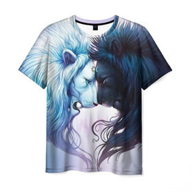 Мужская футболка 3D с принтом Lions love в Белгороде, 100% полиэфир | прямой крой, круглый вырез горловины, длина до линии бедер | love | день | лев | львиное сердце | любовь | ночь | сердце